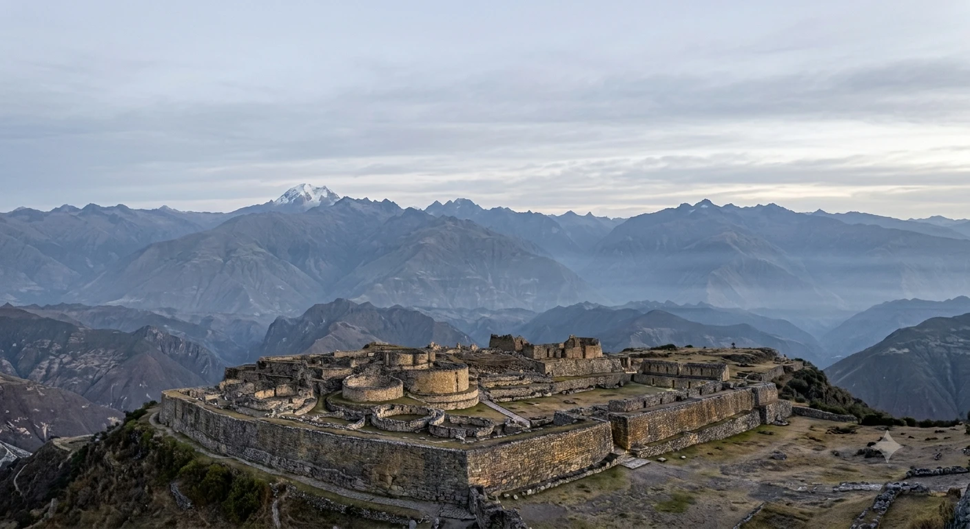 A stone citadel of circular buildings high in the Andes at dusk, snow peaks behind