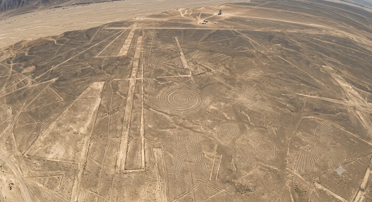 Aerial view of the Nazca Lines — the spiral, hummingbird, spider, monkey and condor geoglyphs