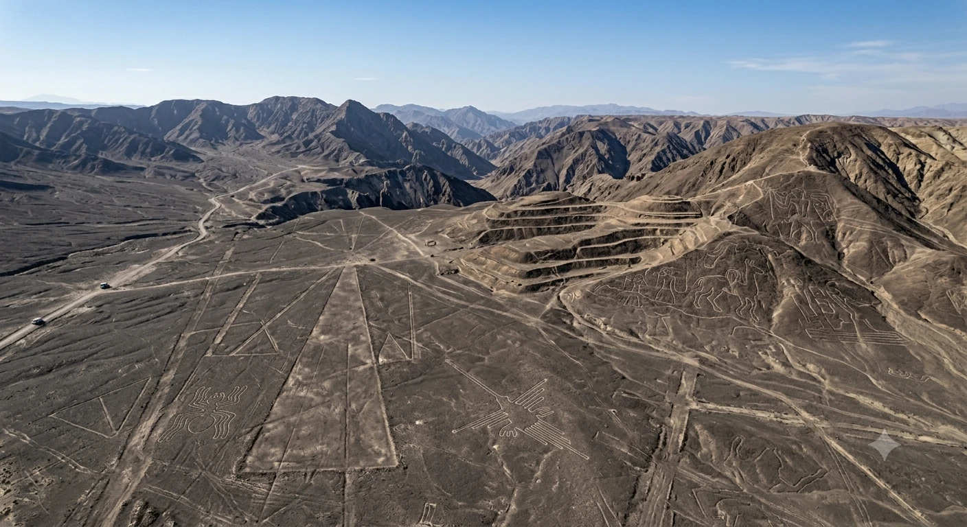 Aerial of the Nazca Lines — radiating lines, the hummingbird and hillside figures